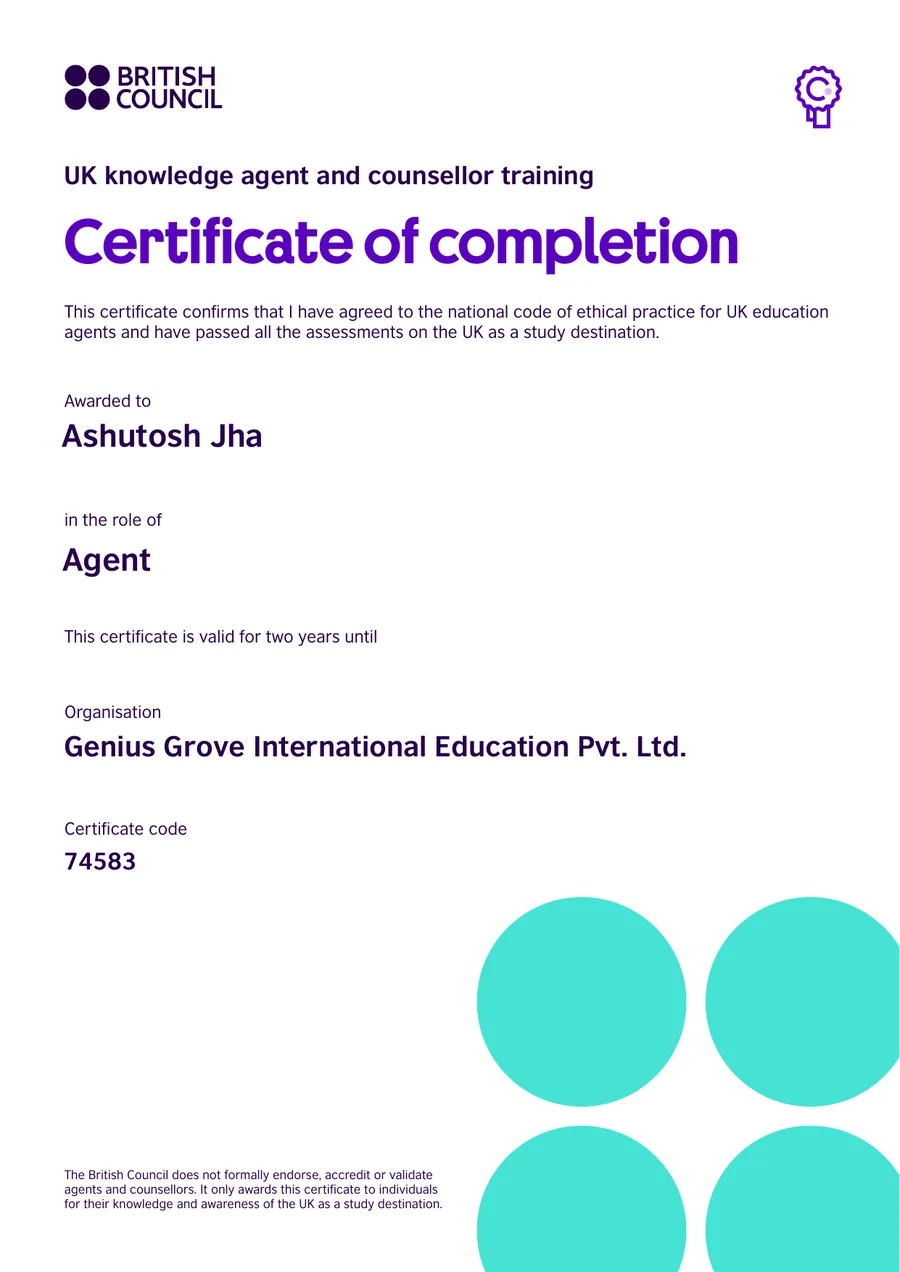 UK agent and counsellor training certificate from British Council