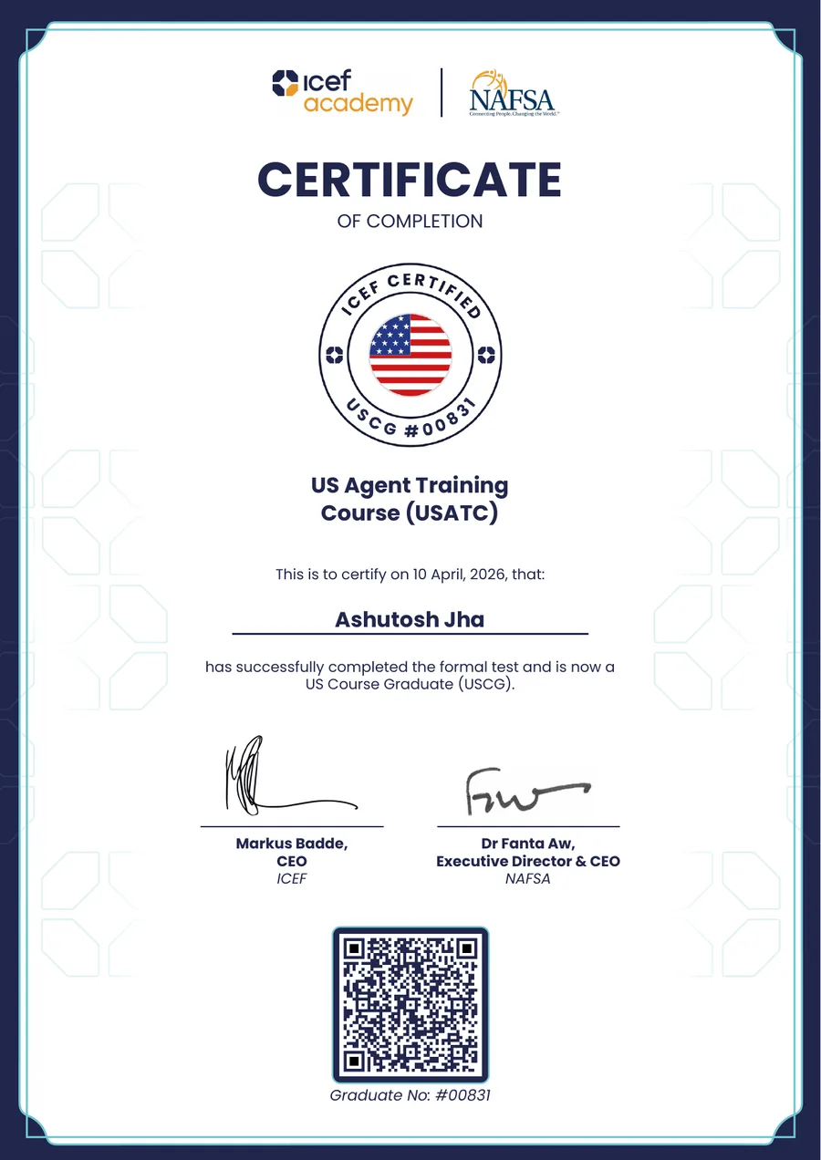 US Agent Training Course certificate from ICEF Academy and NAFSA